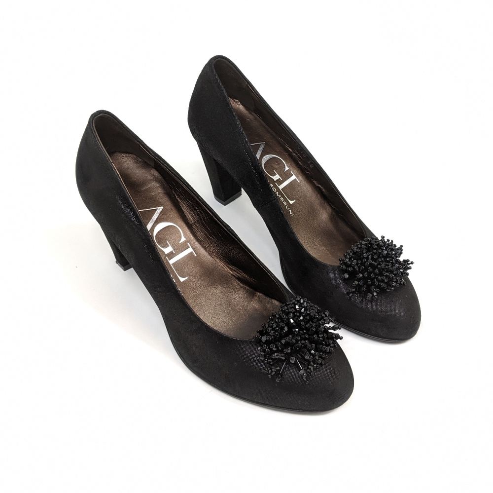 AGL shimmery suede beaded pom pom heels